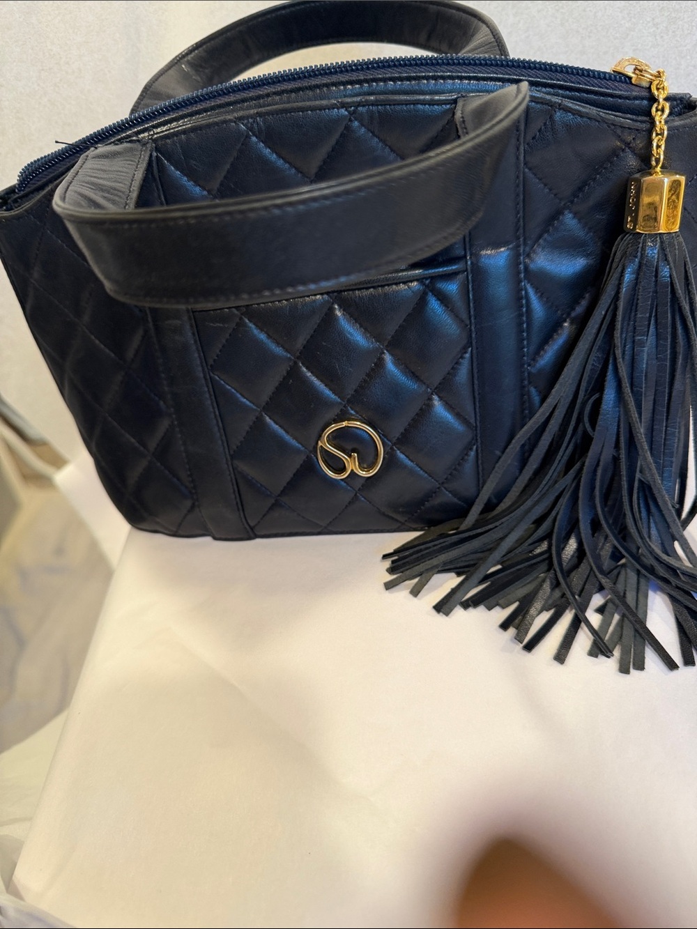 St. John Black Quilted Leather Shoulder Bag with Tassel vintage